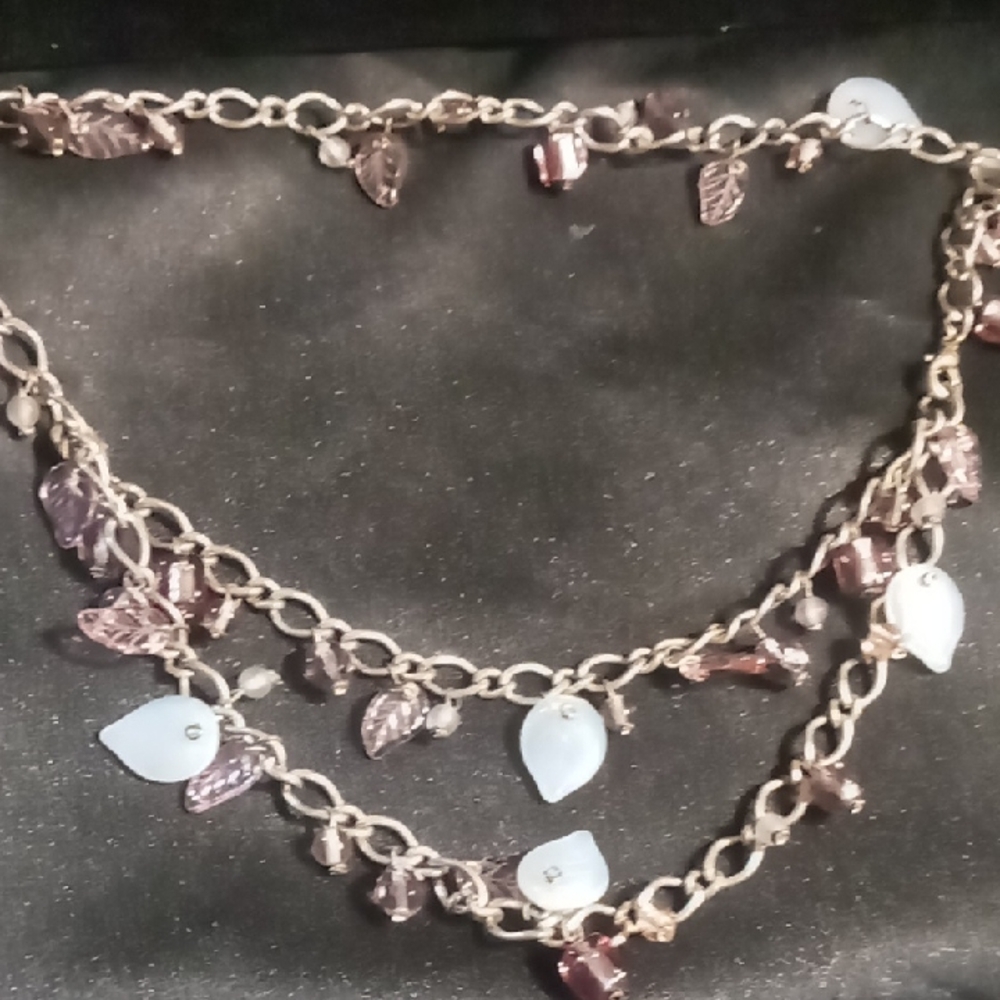Elegant Silver and Lavander Pink Leaf Charm Necklace. Glass Beaded Charms